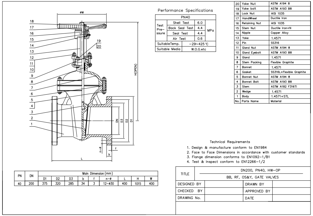 DN200 PN40 Stainless Steel Gate Valve EN1984 HW-OP BB RF OS&Y